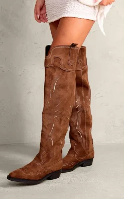 PrettyLittleThing Over The Knee Boots*Faux Suede Point Toe Contrast Stitch Over The Knee Western Boots