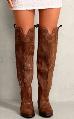 PrettyLittleThing Over The Knee Boots*Faux Suede Point Toe Contrast Stitch Over The Knee Western Boots