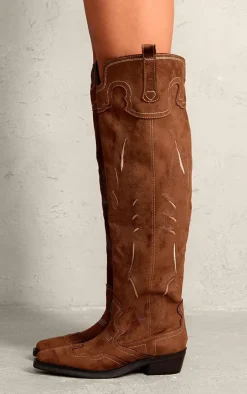 PrettyLittleThing Over The Knee Boots*Faux Suede Point Toe Contrast Stitch Over The Knee Western Boots