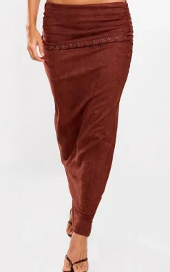 Online PrettyLittleThing Faux Suede Ruched Eyelet Detail Waist Maxi Skirt Brown