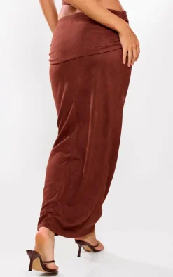 Online PrettyLittleThing Faux Suede Ruched Eyelet Detail Waist Maxi Skirt Brown