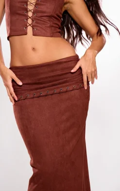 Online PrettyLittleThing Faux Suede Ruched Eyelet Detail Waist Maxi Skirt Brown
