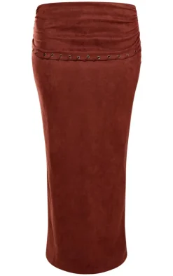 Online PrettyLittleThing Faux Suede Ruched Eyelet Detail Waist Maxi Skirt Brown