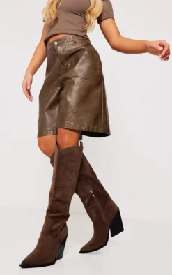 PrettyLittleThing Knee High Boots*Faux Suede Western Pointed Wedge Heeled Knee Boots
