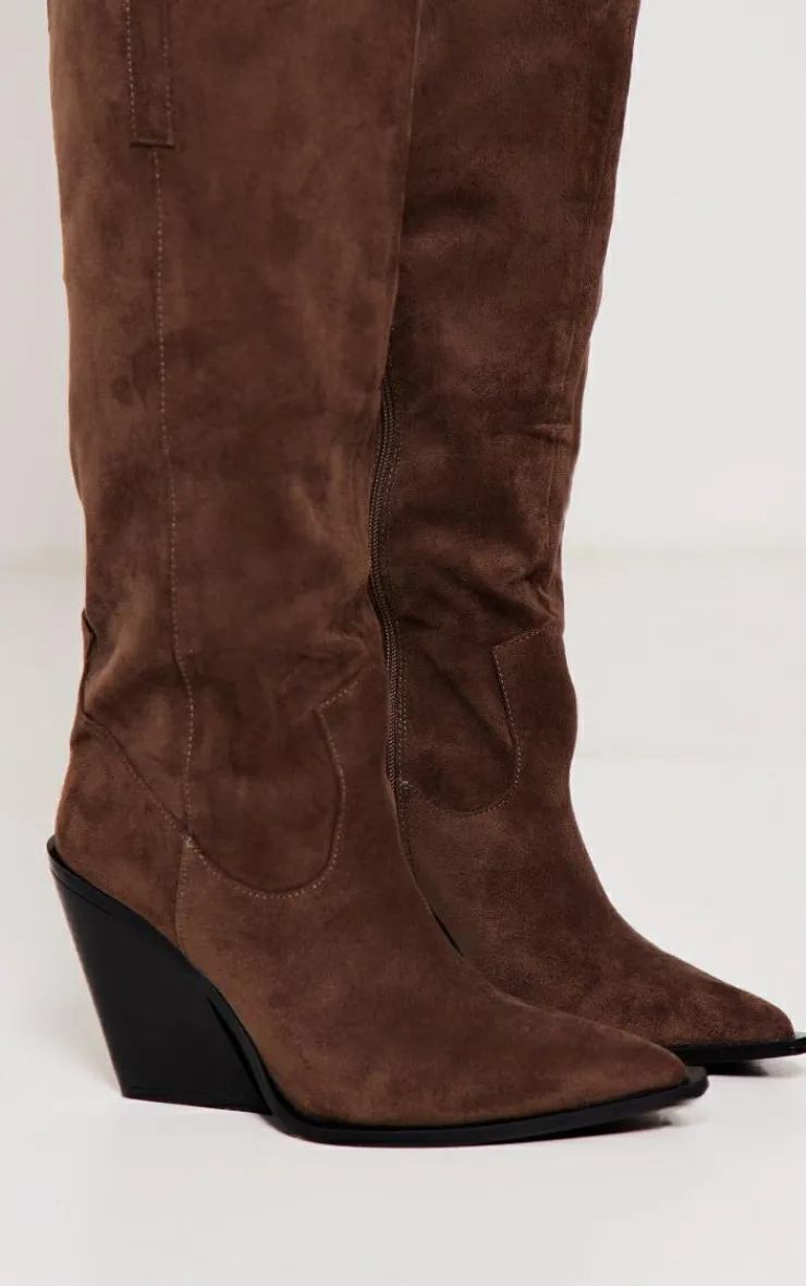 PrettyLittleThing Knee High Boots*Faux Suede Western Pointed Wedge Heeled Knee Boots