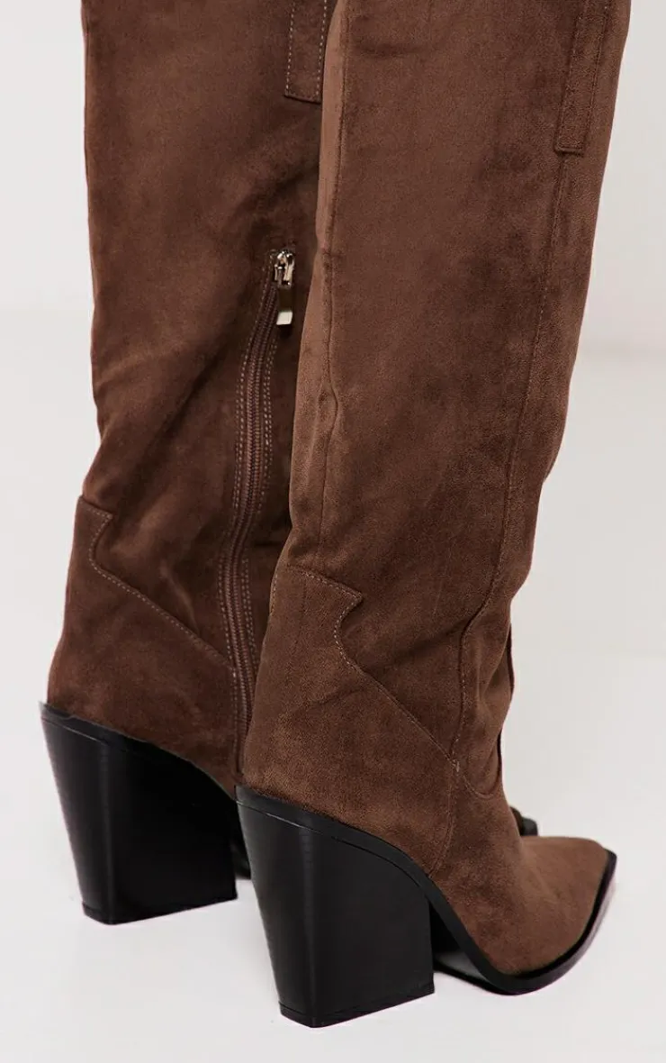 PrettyLittleThing Knee High Boots*Faux Suede Western Pointed Wedge Heeled Knee Boots