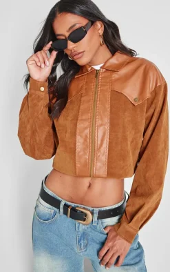 Brown Faux Suede Western Panel Detail Oversized Jacket