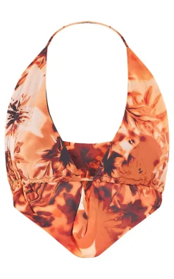 Best PrettyLittleThing Floral Animal Print Chiffon Drape Ruched Backless Halterneck Top Brown