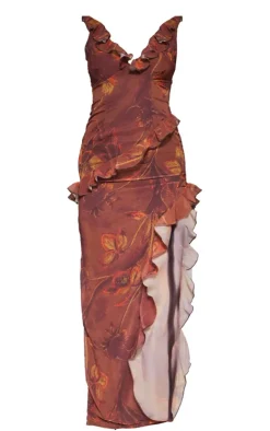 Floral Asymmetric Frill Split Maxi Dress-PrettyLittleThing Outlet