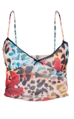 PrettyLittleThing Floral Leopard Onion Skin Ruched Lettuce Hem Cami Top Brown