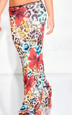 New PrettyLittleThing Floral Leopard Print Onion Skin Lettuce Hem Low Rise Maxi Skirt Brown