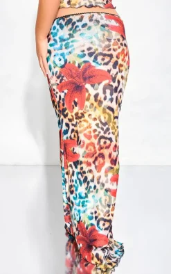 New PrettyLittleThing Floral Leopard Print Onion Skin Lettuce Hem Low Rise Maxi Skirt Brown