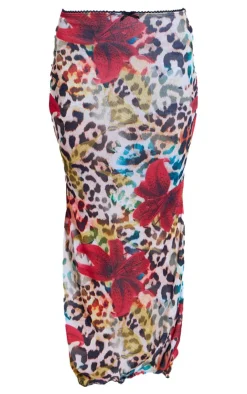 New PrettyLittleThing Floral Leopard Print Onion Skin Lettuce Hem Low Rise Maxi Skirt Brown