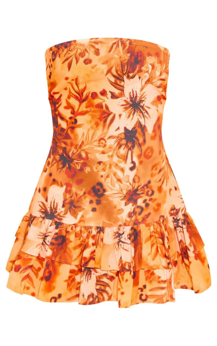 Floral Linen Look Bandeau Tiered Shift Dress-PrettyLittleThing Outlet