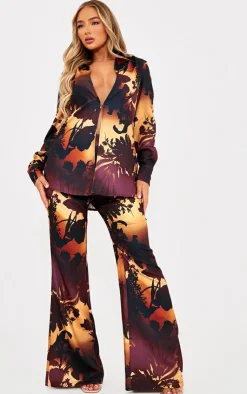Discount PrettyLittleThing Floral Ombre Print Wide Leg Pants Brown