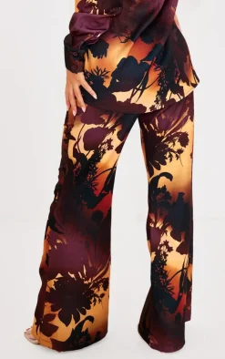 Discount PrettyLittleThing Floral Ombre Print Wide Leg Pants Brown