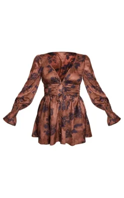 Floral Print Button Detail Puff Sleeve Shift Dress-PrettyLittleThing Sale