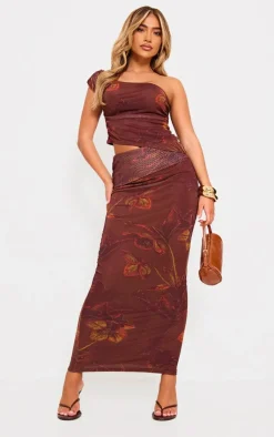 Online PrettyLittleThing Floral Print Chiffon Ruched Asymmetric Long Top Brown