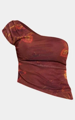 Online PrettyLittleThing Floral Print Chiffon Ruched Asymmetric Long Top Brown