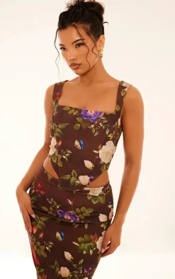 PrettyLittleThing Floral Print Corset Brown