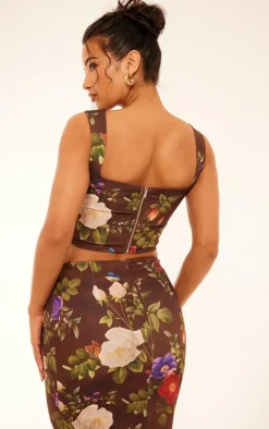 PrettyLittleThing Floral Print Corset Brown