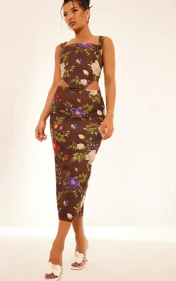 PrettyLittleThing Floral Print Corset Brown