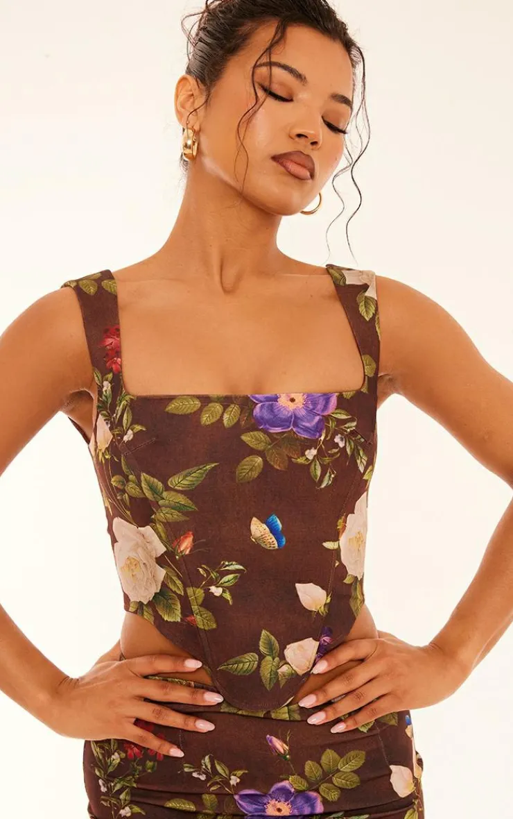 PrettyLittleThing Floral Print Corset Brown