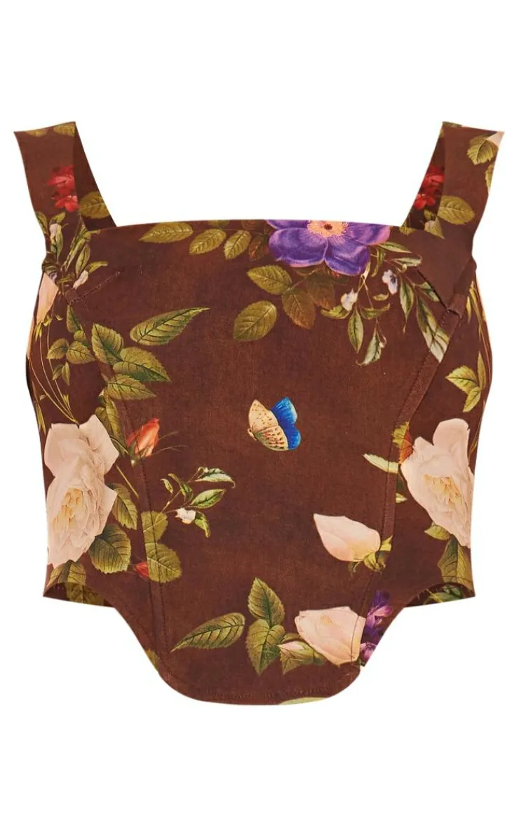 PrettyLittleThing Floral Print Corset Brown