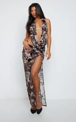 Clearance PrettyLittleThing Floral Print Devore Low Rise Side Split Midaxi Skirt Brown
