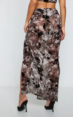 Clearance PrettyLittleThing Floral Print Devore Low Rise Side Split Midaxi Skirt Brown