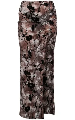 Clearance PrettyLittleThing Floral Print Devore Low Rise Side Split Midaxi Skirt Brown