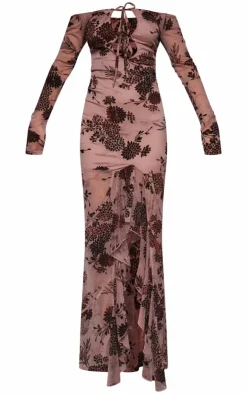 Floral Print Devore Off The Shoulder Long Sleeve Maxi Dress-PrettyLittleThing Clearance