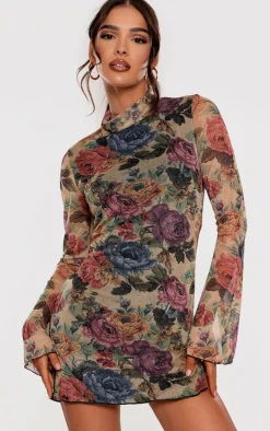 Floral Print High Neck Flared Sleeve Shift Dress-PrettyLittleThing Sale