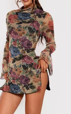 Floral Print High Neck Flared Sleeve Shift Dress-PrettyLittleThing Sale