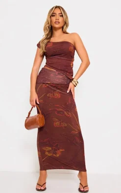Sale PrettyLittleThing Floral Print Low Rise Maxi Skirt Brown
