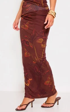Sale PrettyLittleThing Floral Print Low Rise Maxi Skirt Brown