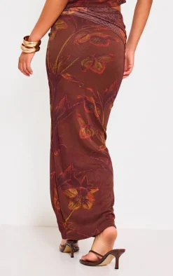 Sale PrettyLittleThing Floral Print Low Rise Maxi Skirt Brown