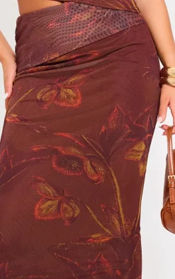 Sale PrettyLittleThing Floral Print Low Rise Maxi Skirt Brown