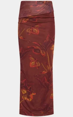 Sale PrettyLittleThing Floral Print Low Rise Maxi Skirt Brown