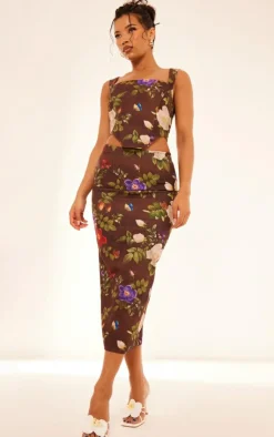 Outlet PrettyLittleThing Floral Print Midaxi Skirt Brown