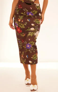 Outlet PrettyLittleThing Floral Print Midaxi Skirt Brown