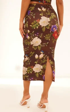 Outlet PrettyLittleThing Floral Print Midaxi Skirt Brown