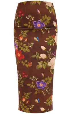 Outlet PrettyLittleThing Floral Print Midaxi Skirt Brown