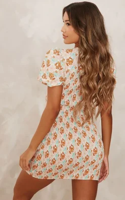 Floral Print Shirred Puff Sleeve Bodycon Dress-PrettyLittleThing