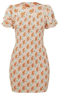 Floral Print Shirred Puff Sleeve Bodycon Dress-PrettyLittleThing