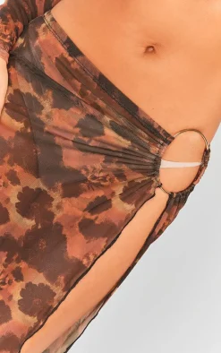 New PrettyLittleThing Floral Printed Mesh Ring Detail Maxi Skirt Brown