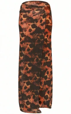 New PrettyLittleThing Floral Printed Mesh Ring Detail Maxi Skirt Brown