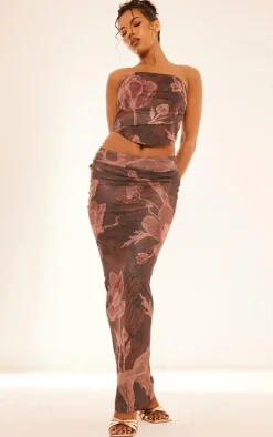 Online PrettyLittleThing Floral Printed Ruched Bandeau Corset Brown