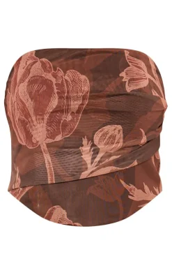 Online PrettyLittleThing Floral Printed Ruched Bandeau Corset Brown