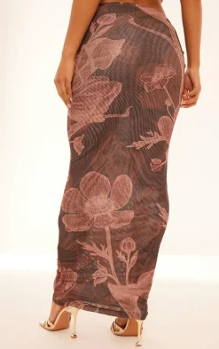 Sale PrettyLittleThing Floral Printed Ruched Maxi Skirt Brown
